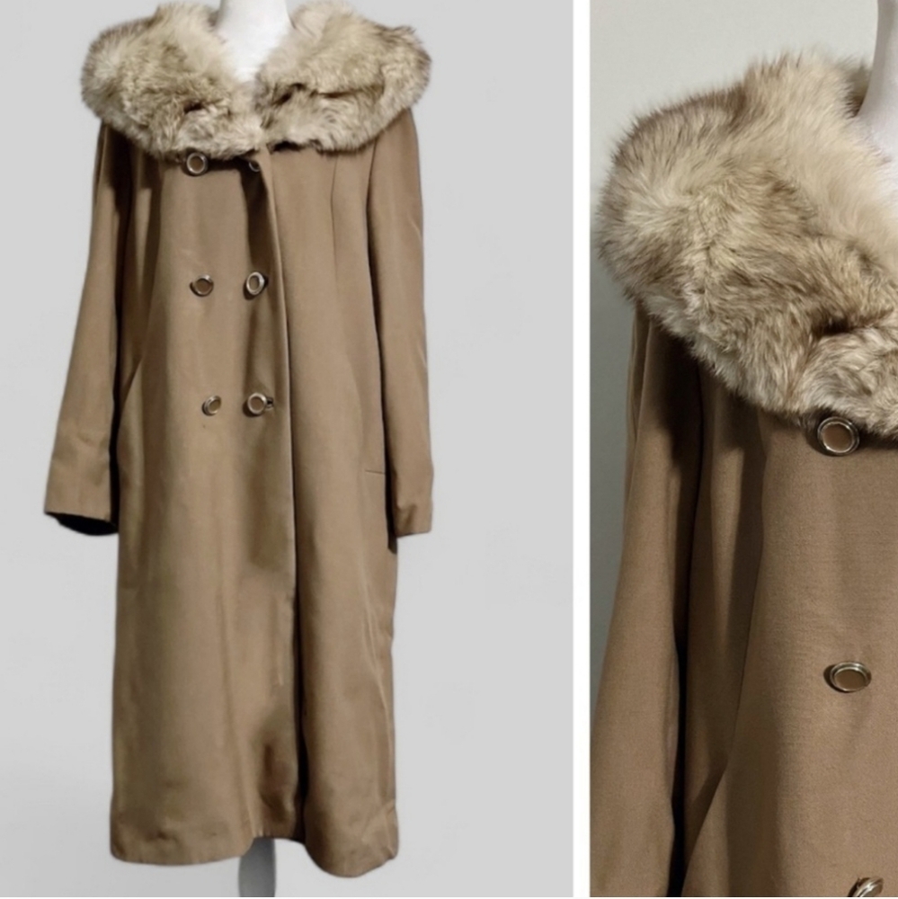 Lorandale Pure Wool 3 Button Coat w/Genuine Fox Fur Collar, Beige/Tan